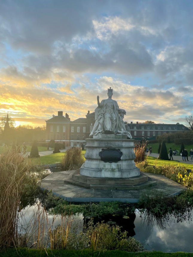 A statue of Queen Victoria sculpted by her daughter, Princess Louise, to celebrate 50 years of her mother's rule stands outside Kensington Palace